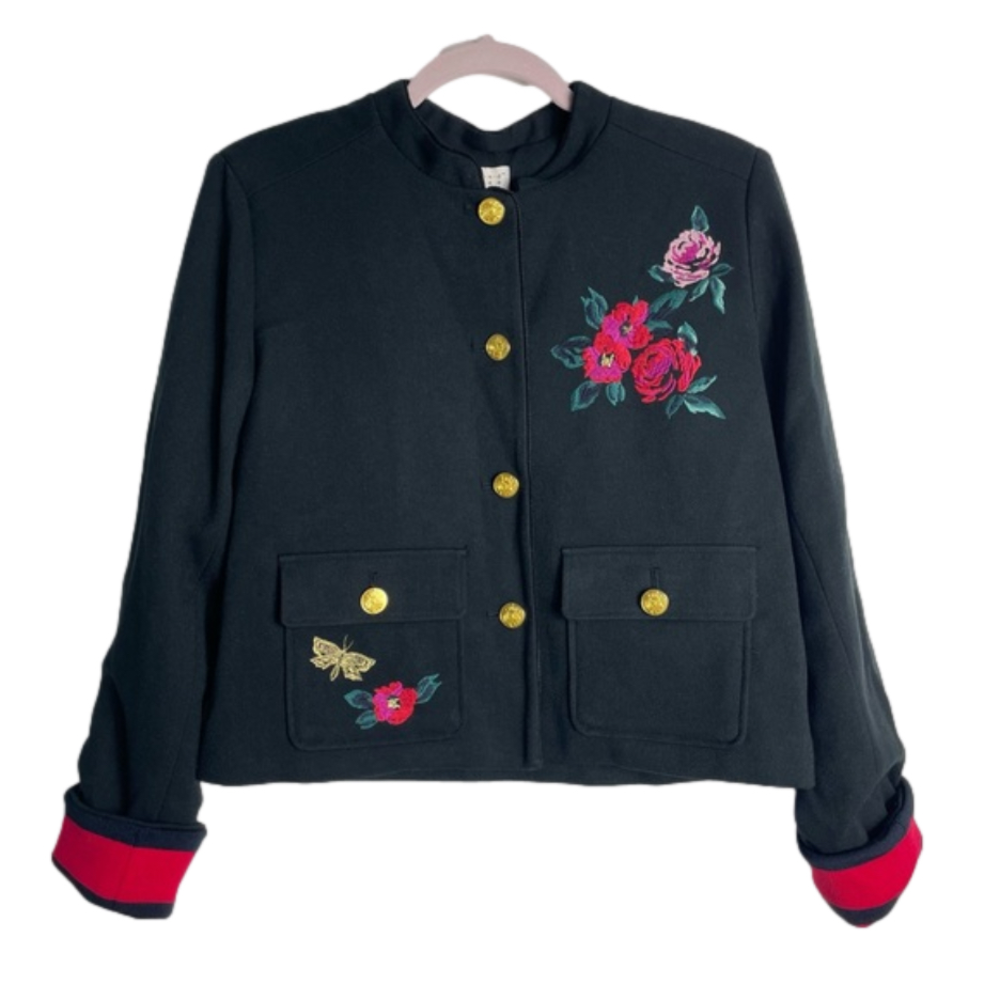 WOMENS A New Day Embroidered Floral Black Military Jacket Blazer size 8